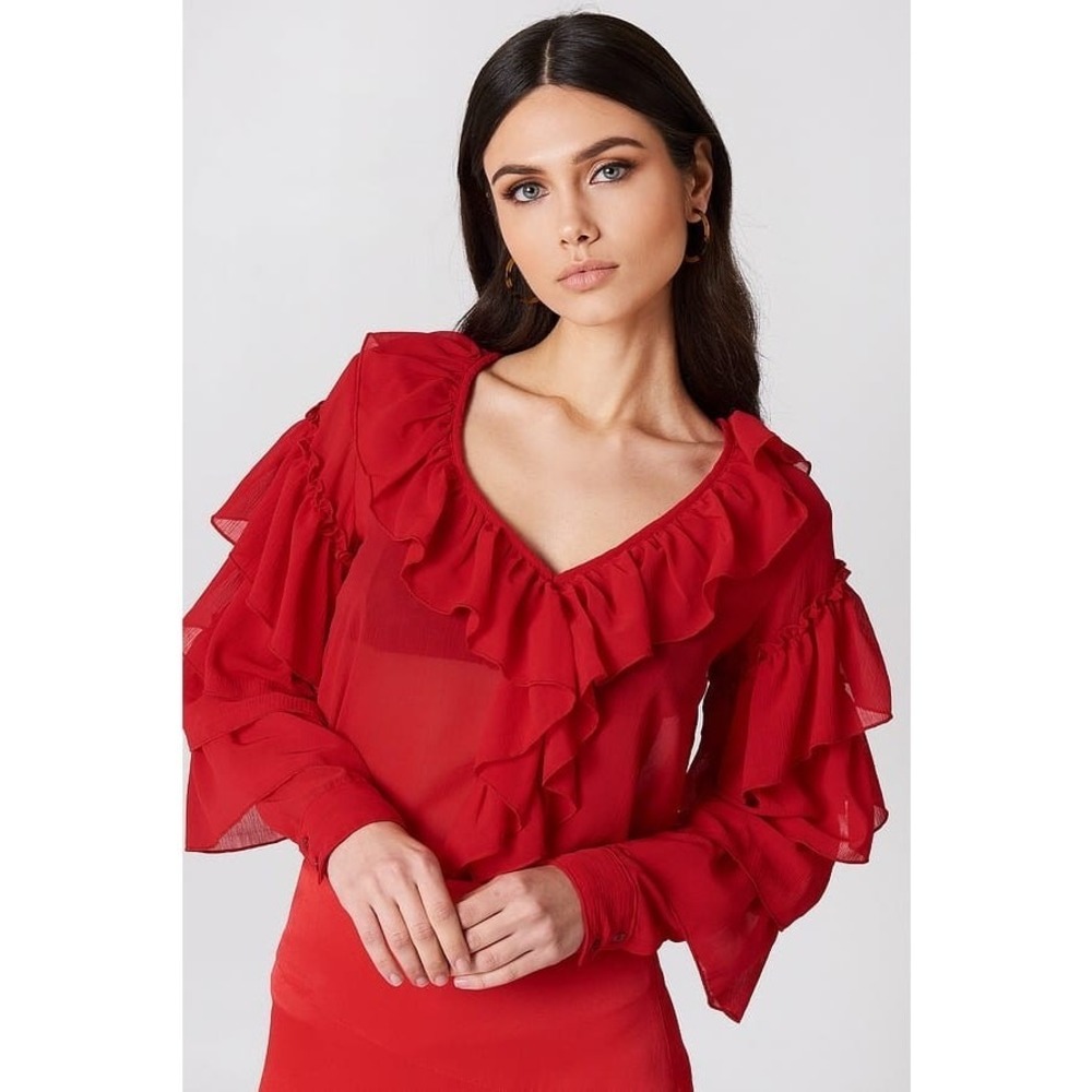 NA-KD Red Ruffle Blouse Size 2 Sheer V Neck Statement Sleeve Romantic Top Boho
